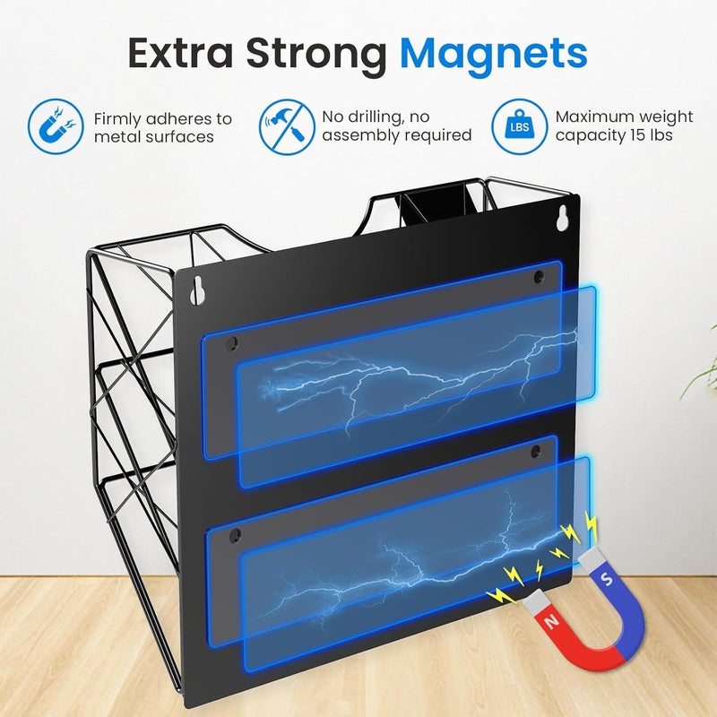 Patvingot Magnetic File Holder for Refrigerator & Cabinets | No-Drill Wall Mount Organizer | 3-Tier Vertical Mail & Magazine Holder for Office/Home (Black, Space-Saving Design) - Image 2